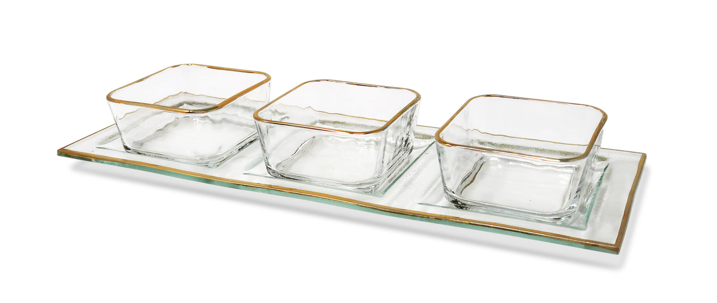 Glass 3 Bowl Relish Dish with Gold Rim