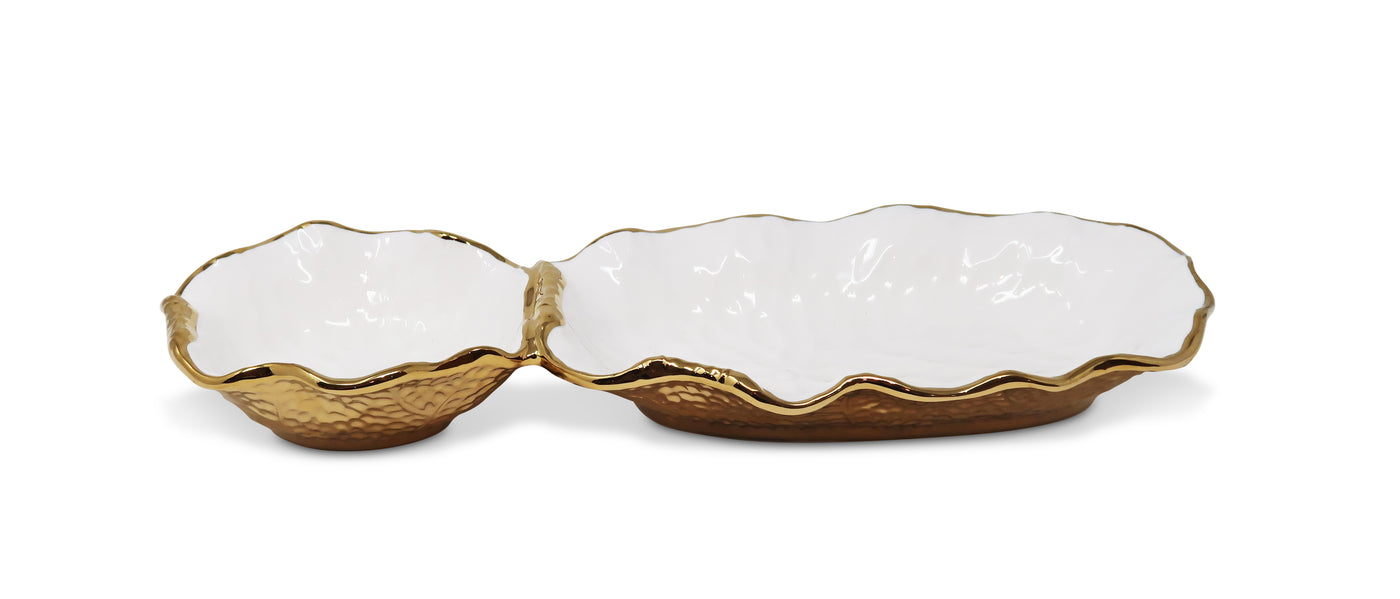 White Hammered 2 Bowl Relish Dish New Bone China with Gold Scalloped Edge