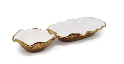 White Hammered 2 Bowl Relish Dish New Bone China with Gold Scalloped Edge