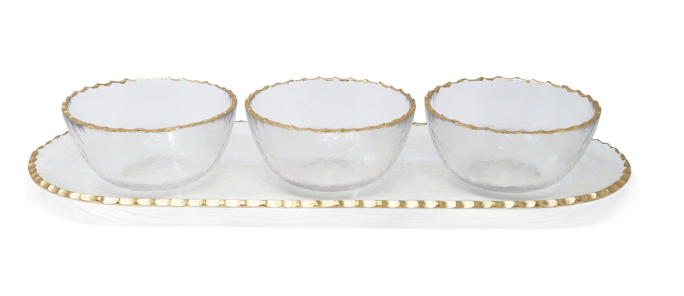 3 Bowl Serving Dish on Tray with Gold Rim