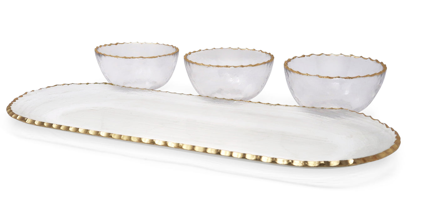 3 Bowl Serving Dish on Tray with Gold Rim