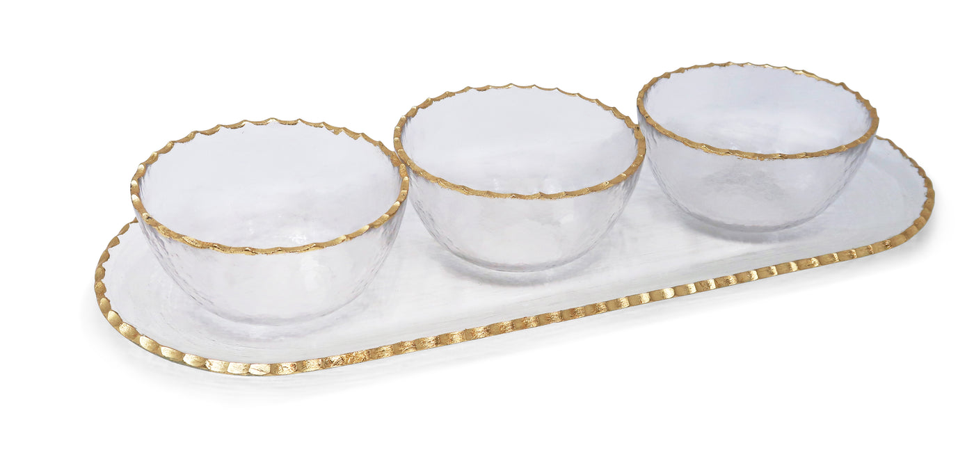 3 Bowl Serving Dish on Tray with Gold Rim