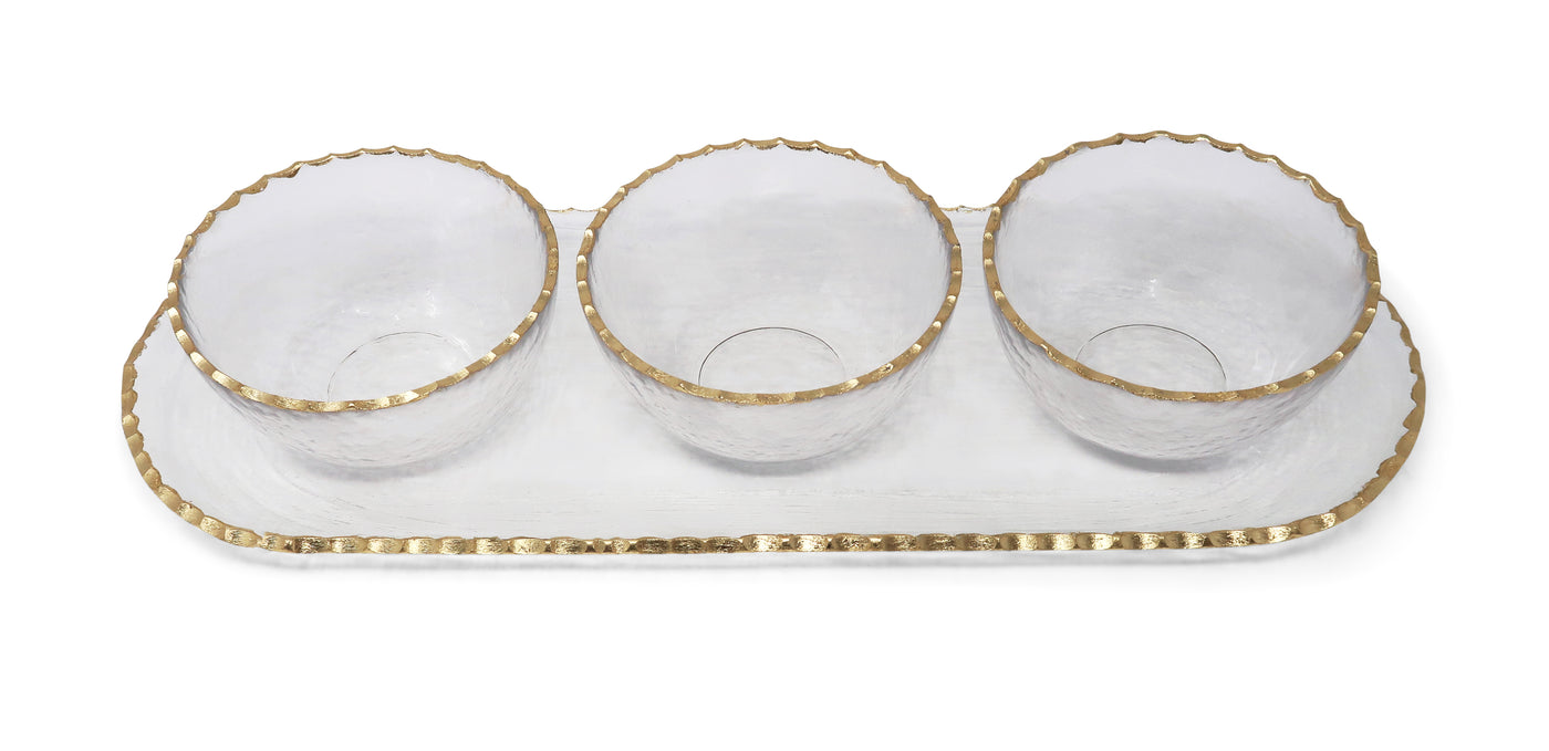 3 Bowl Serving Dish on Tray with Gold Rim