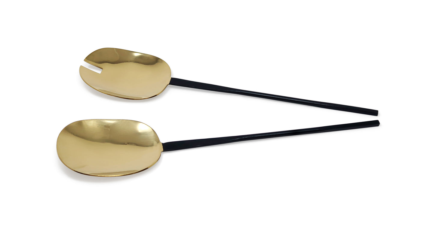 Set of 2 Salad Servers Gold with Black Handles