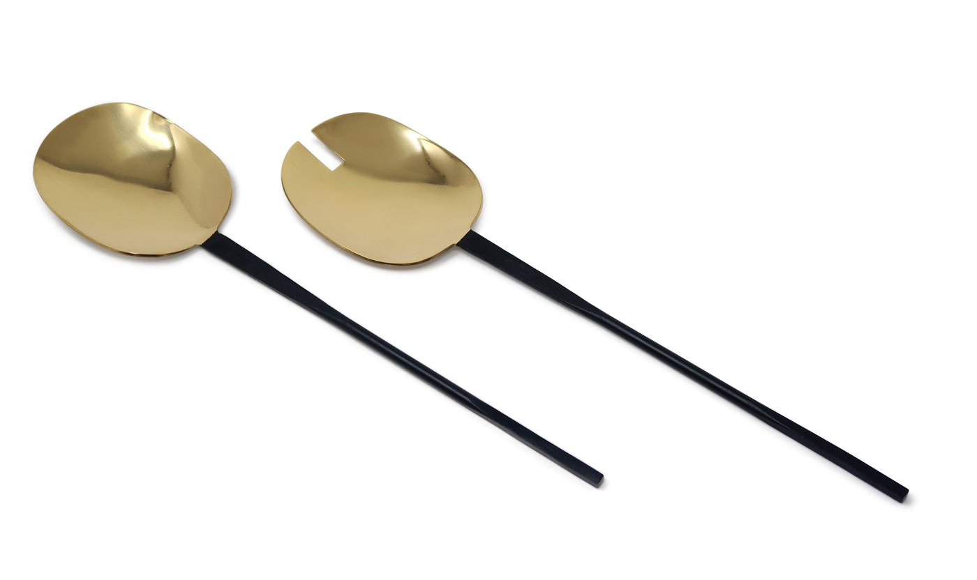 Set of 2 Salad Servers Gold with Black Handles