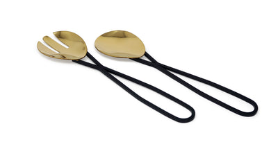 Set of 2 Gold Salad Servers with Black Loop Handles