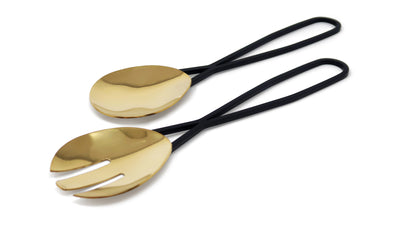 Set of 2 Gold Salad Servers with Black Loop Handles