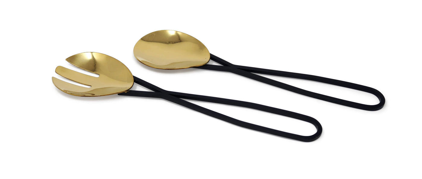 Set of 2 Gold Salad Servers with Black Loop Handles