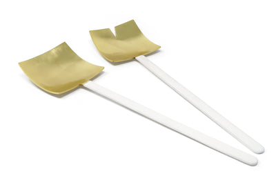 Set of 2 Square Salad Servers Gold with White Handles