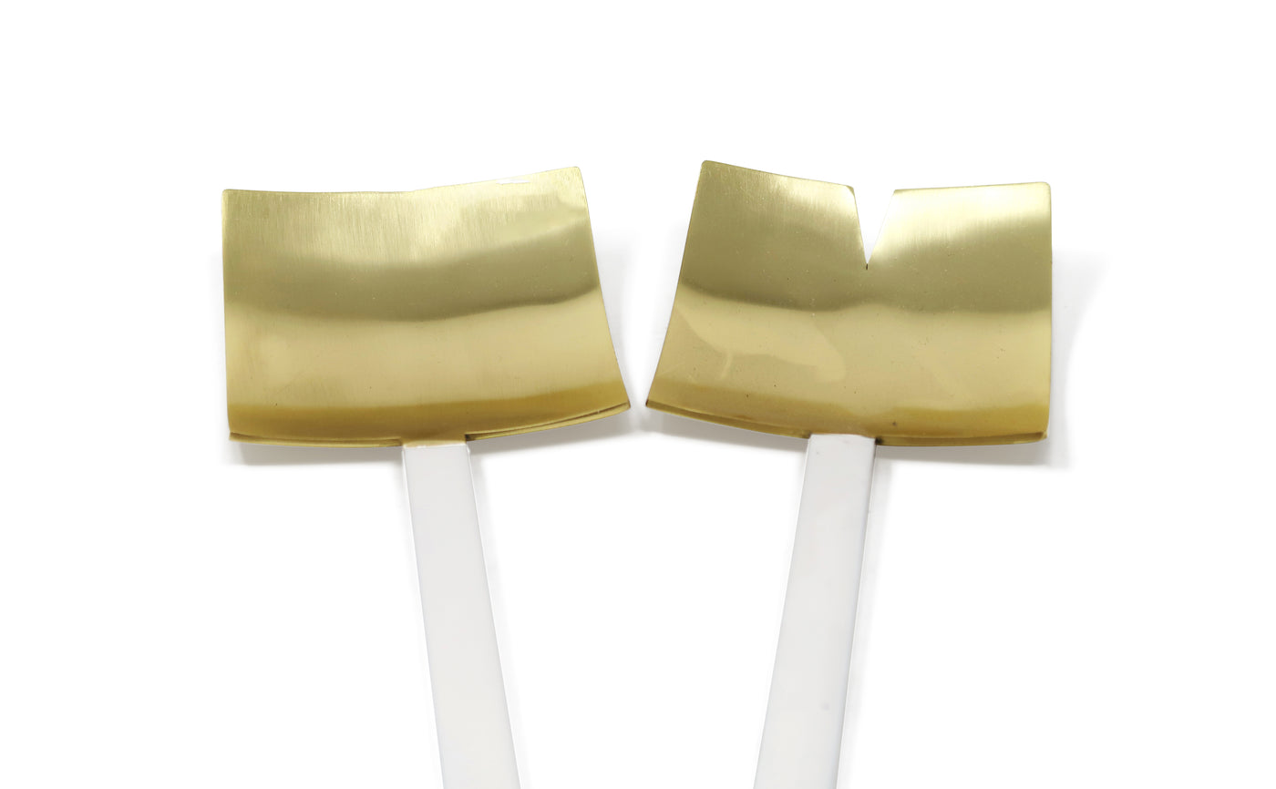 Set of 2 Square Salad Servers Gold with White Handles