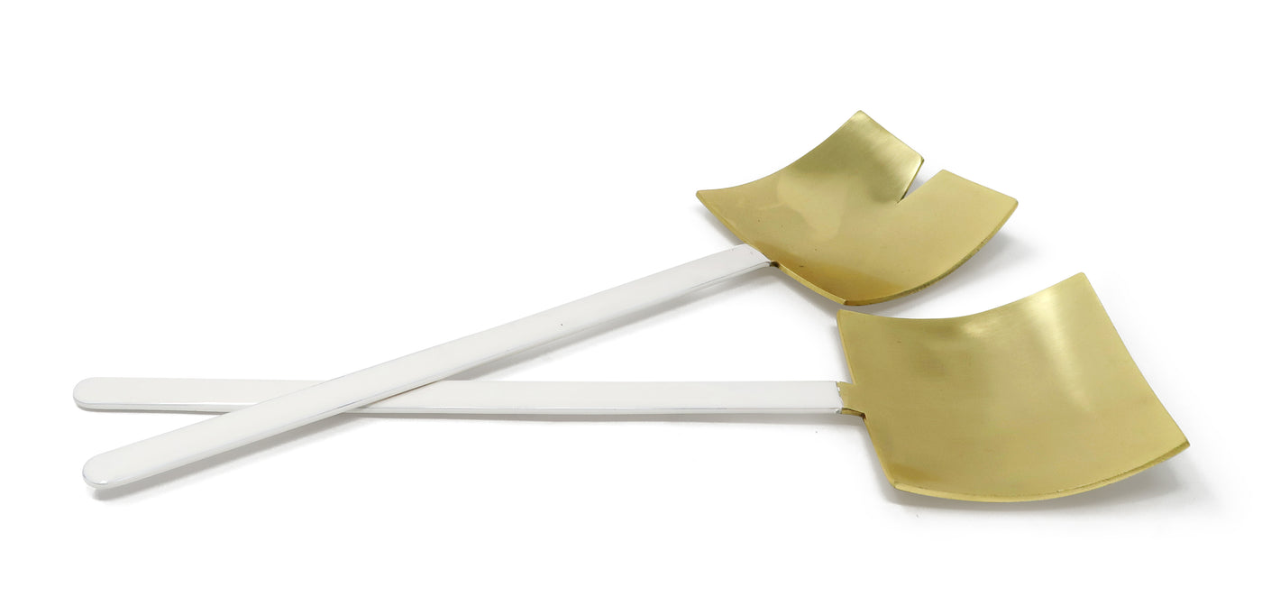 Set of 2 Square Salad Servers Gold with White Handles