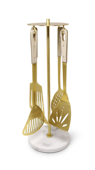 Set of 4 Serving Utensils Gold with Marble Handles