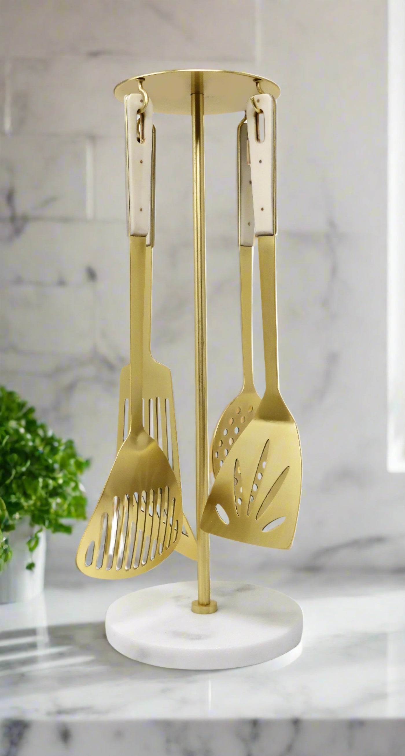 Set of 4 Serving Utensils Gold with Marble Handles