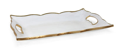 Rectangular Glass Tray with Handles and Gold Scalloped Rim