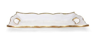 Rectangular Glass Tray with Handles and Gold Scalloped Rim