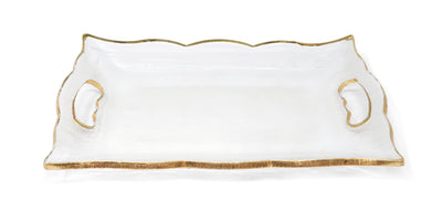 Rectangular Glass Tray with Handles and Gold Scalloped Rim