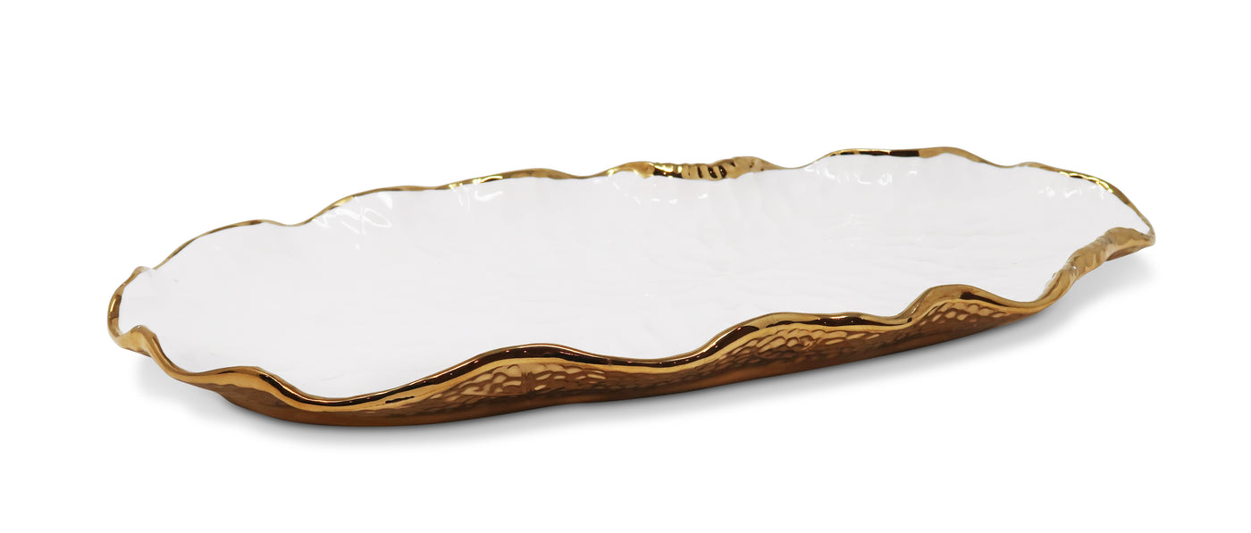 White Oval Tray New Bone China with Gold Scalloped Edge