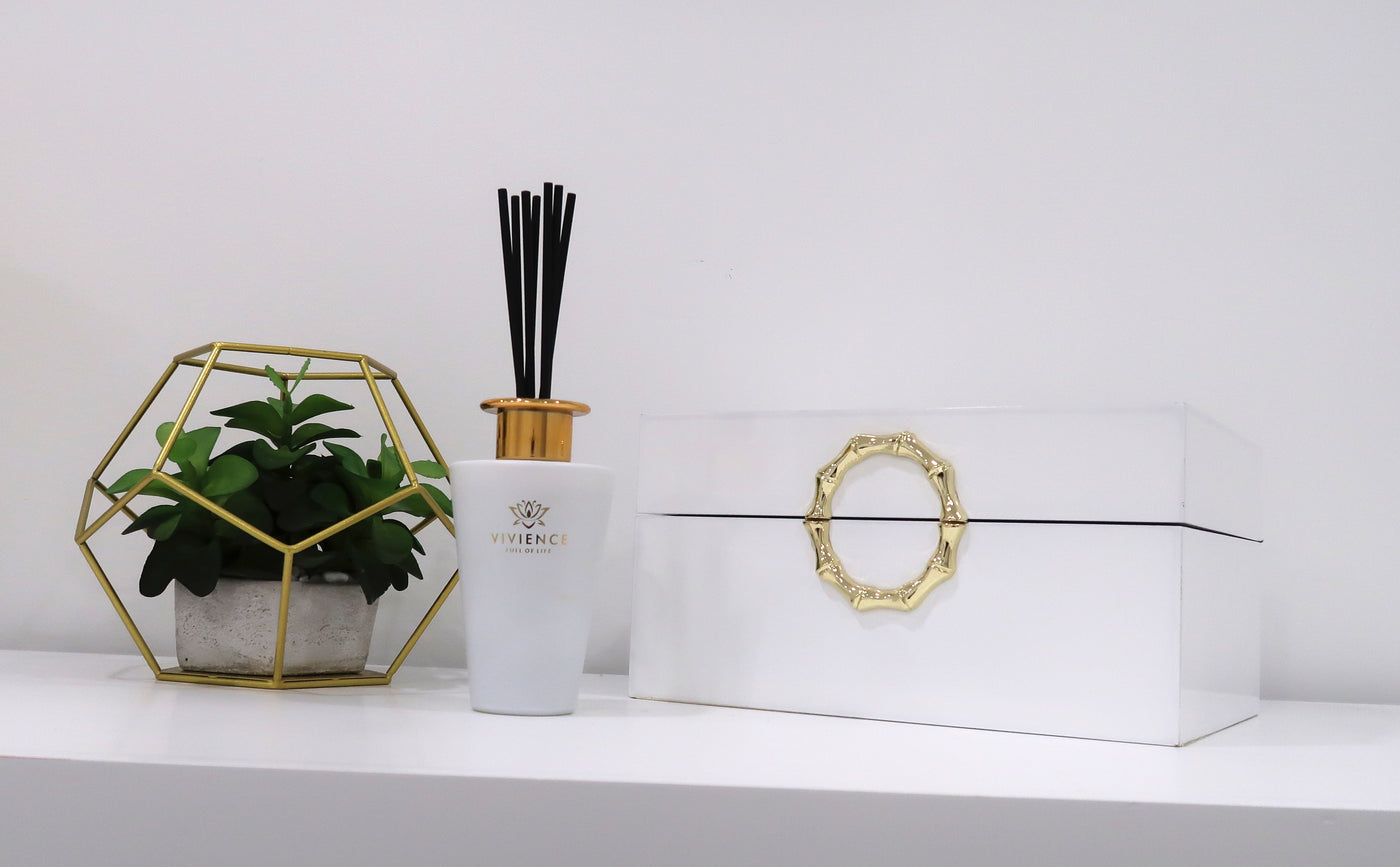 White Bottle Gold Cap Reed Diffuser, "Zen Tea" Scent