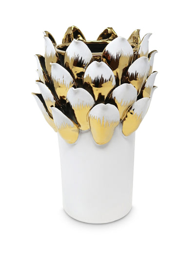 White Vase with Gold and White Petals