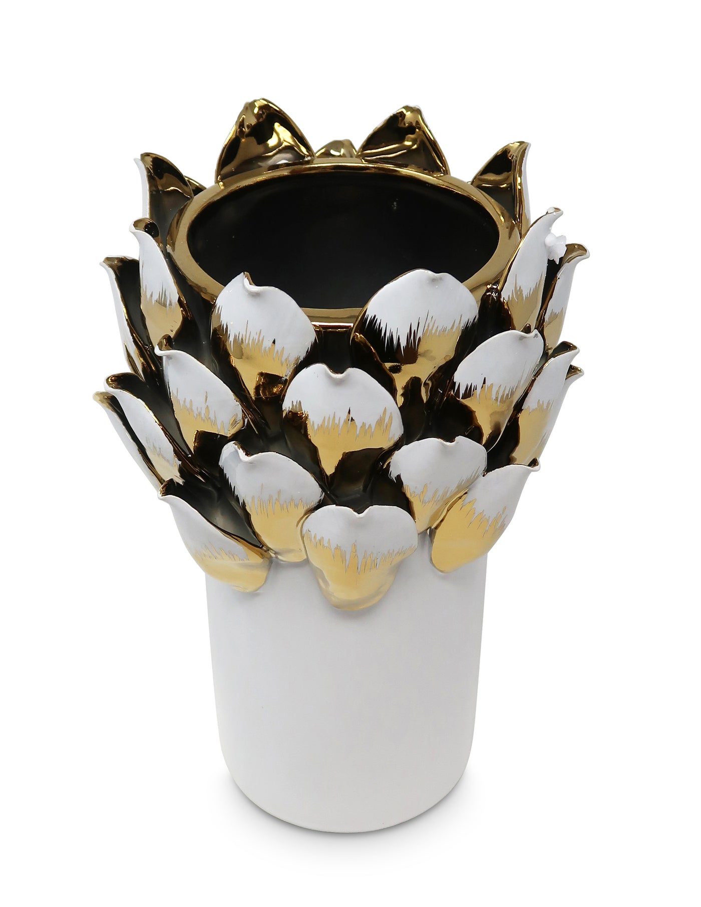 White Vase with Gold and White Petals