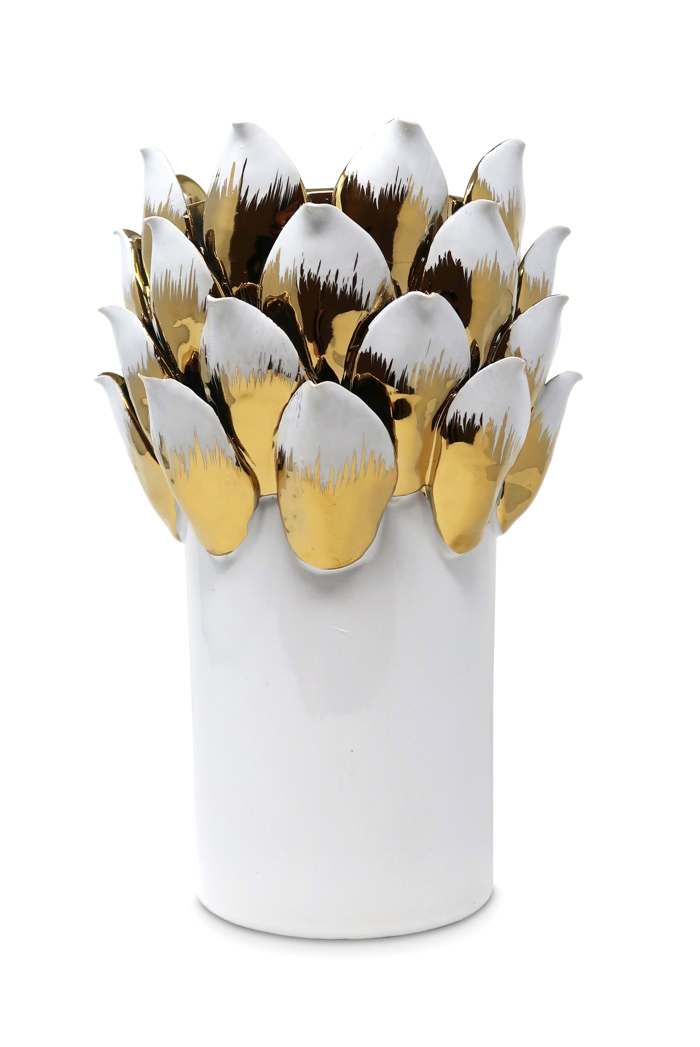 White Vase with Gold and White Petals