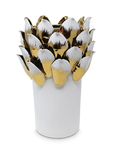 White Vase with Gold and White Petals