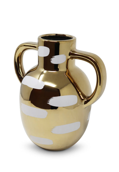 Gold Vase with White Brushstroke Design with Handles