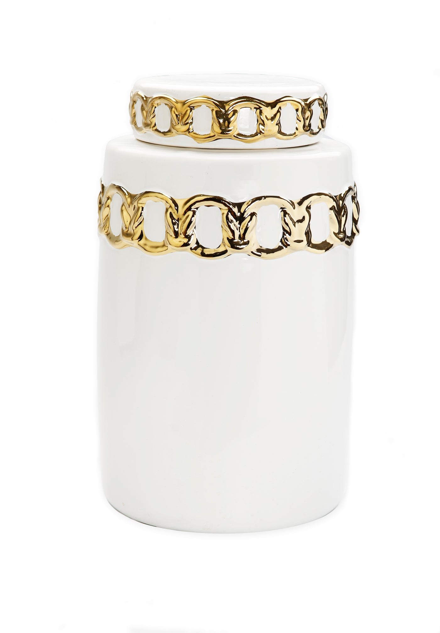 12.5"H White Jar with Cover Gold Design on Top