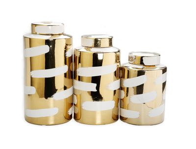Gold Porcelain Jar with Cover White Brush Design