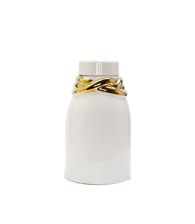 White Ceramic Jar with Lid and Gold Details