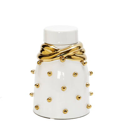 White Ceramic Jar with Gold Elegant Detail and Studded