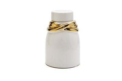 White Ceramic Jar with Lid and Gold Details
