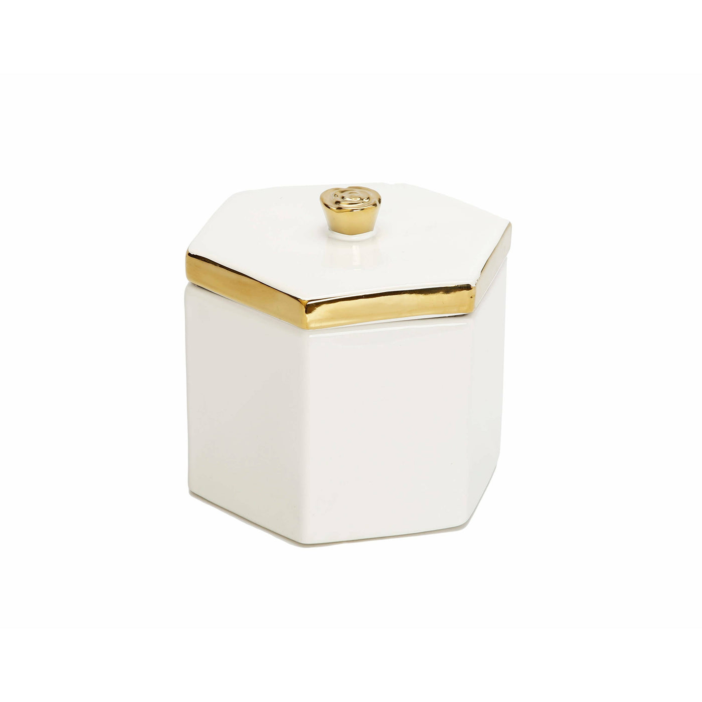 White Hexagon Shaped Box with Gold Flower Knob on Cover - Tall