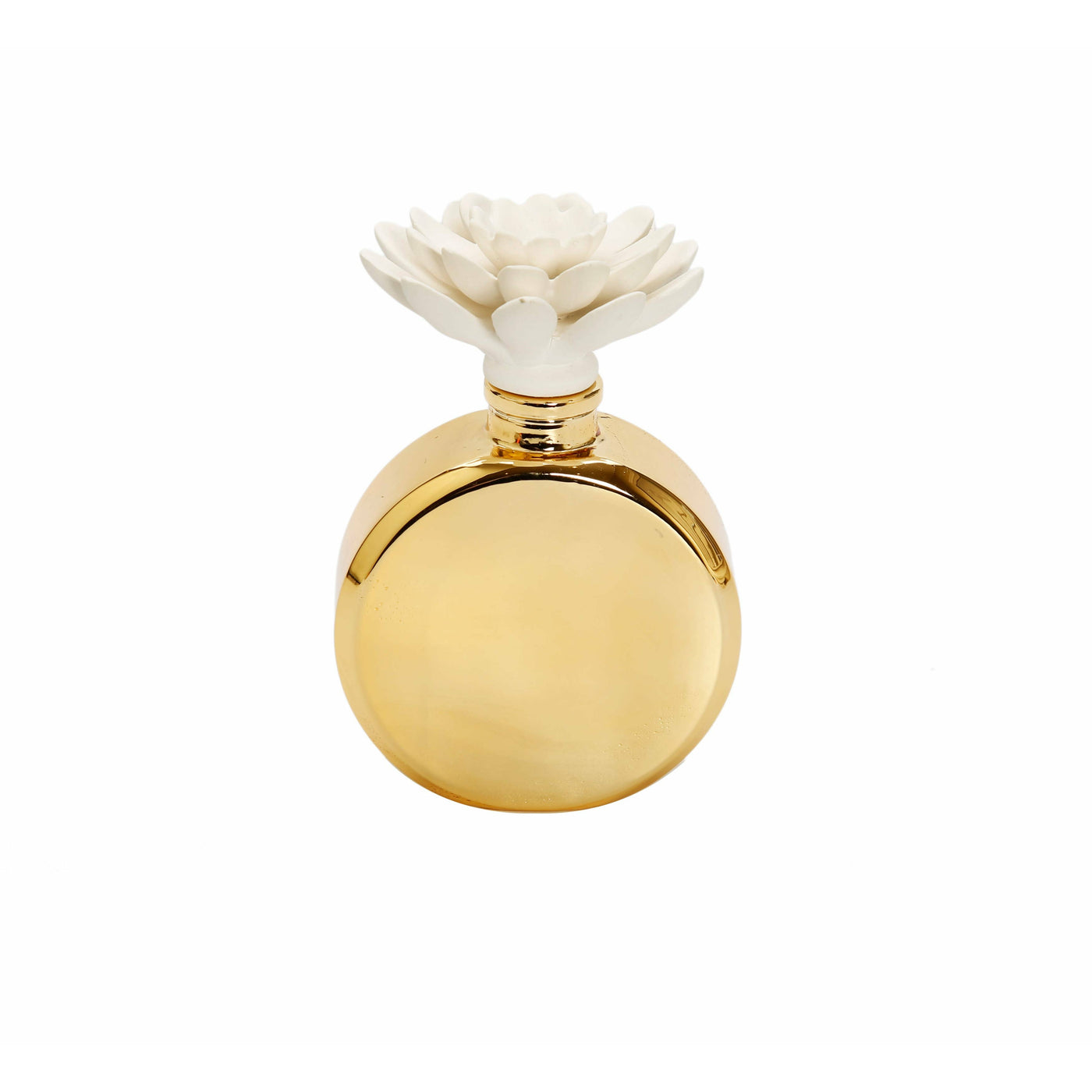 Gold Bottle Diffuser with White Flower, "Iris & Rose" Scent
