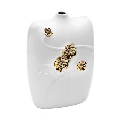 White Ceramic Vase with Gold Flower Detail