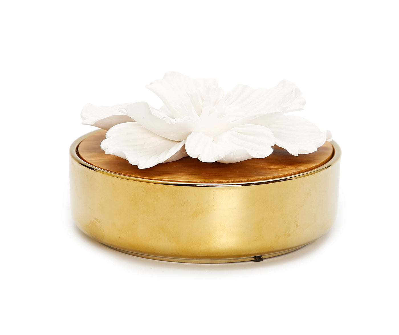Glossy Gold Hemispheric shaped Diffuser with White Flower, "English Pear & Freesia" Scent