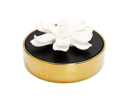 Gold Hemispheric shape Diffuser Black Lid/White Flower, “Iris and Rose” aroma