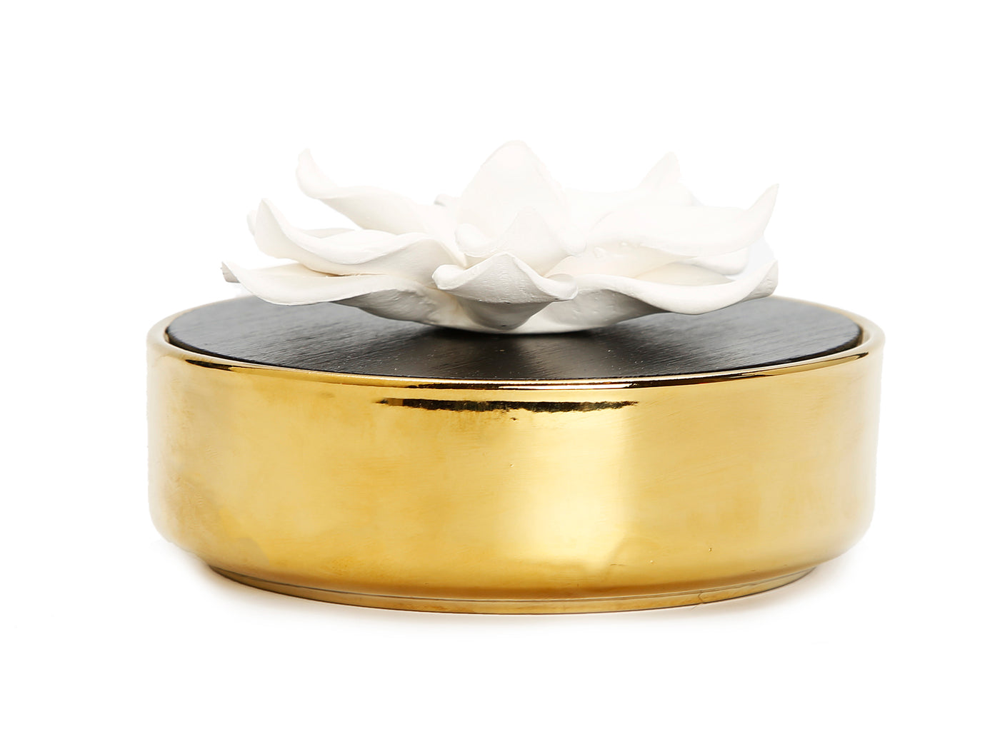 Gold Hemispheric shape Diffuser Black Lid/White Flower, “Iris and Rose” aroma