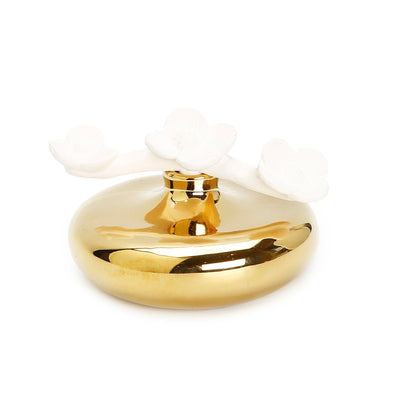 Gold Circular Diffuser with Three White Flowers, "English Pear & Freesia" Scent