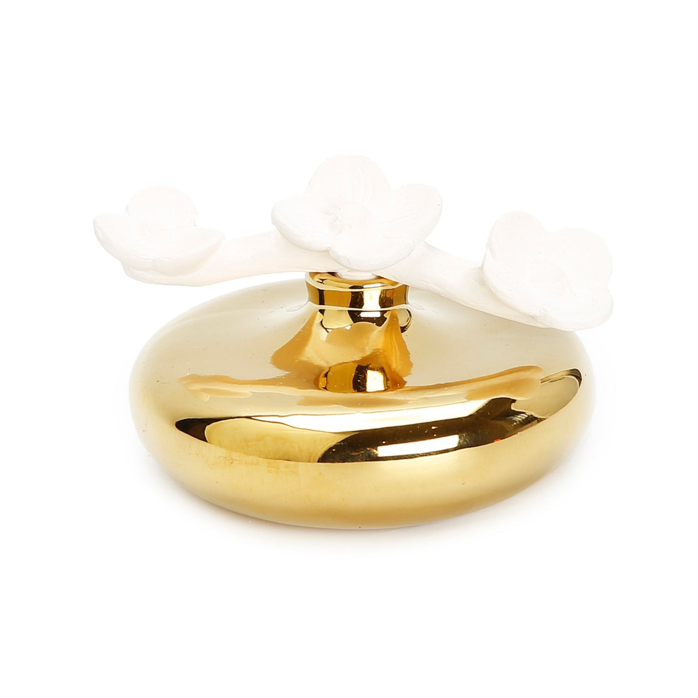 Gold Circular Diffuser with Three White Flowers, "Iris & Rose" scent
