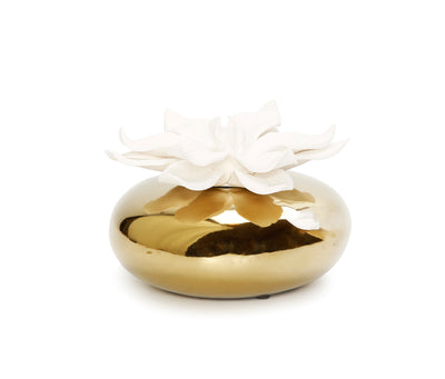 Gold Circular Diffuser with Dimensional White Flower, “Iris and Rose” aroma