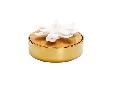 Gold Hemispheric Shaped Diffuser with White Flower, “Lily of the Valley” aroma