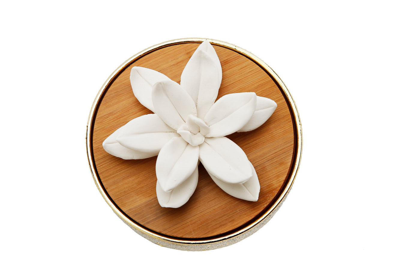 Gold Hemispheric Shaped Diffuser with White Flower, “Lily of the Valley” aroma