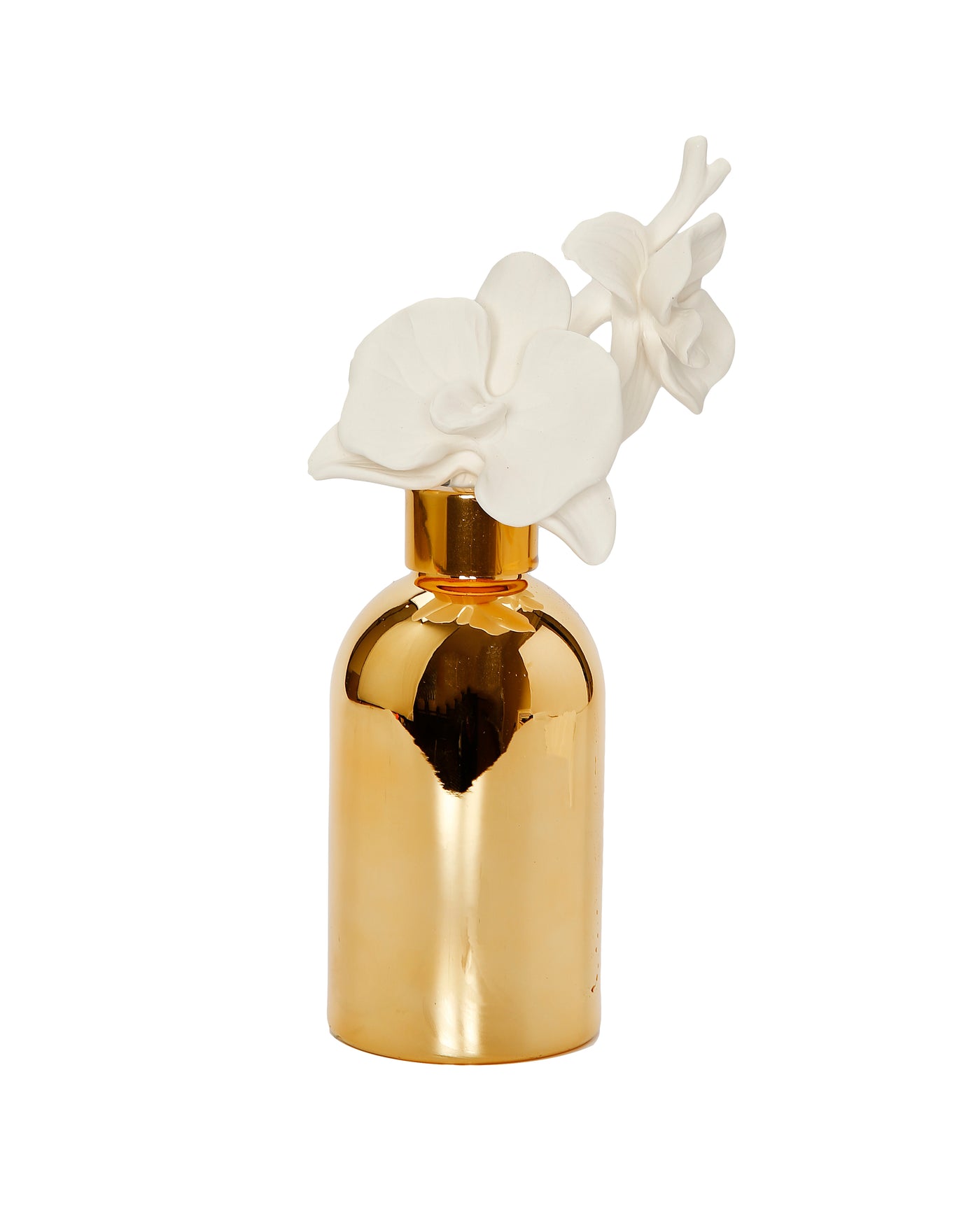 Bottle with essential oil and lily-of-the-valley flowers on color