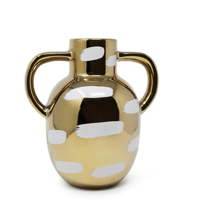 Gold Vase with White Brushstroke Design with Handles