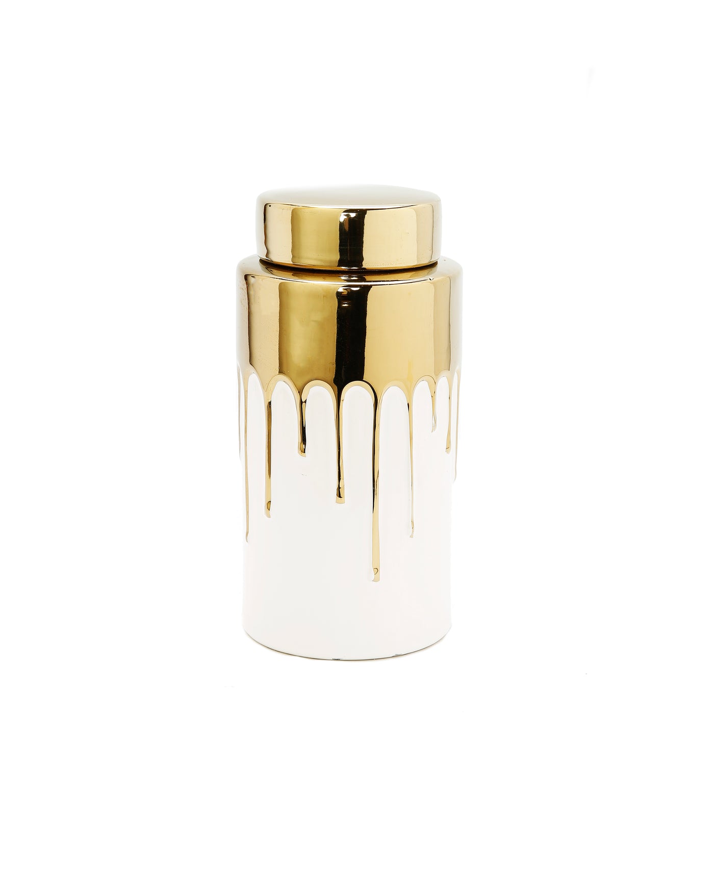 White Jar with Gold Cover and Drip Design