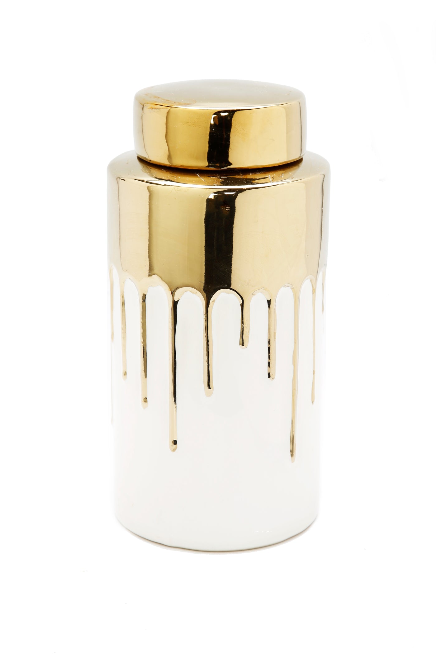 White Jar with Gold Cover and Drip Design