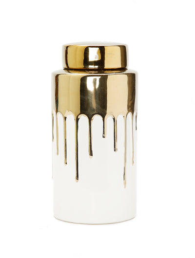 White Jar with Gold Cover and Drip Design