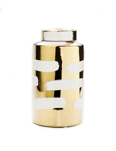 Gold Porcelain Jar with Cover White Brush Design