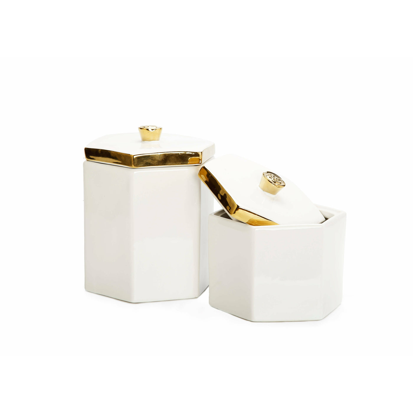 White Hexagon Shaped Box with Gold Flower Knob on Cover - Tall